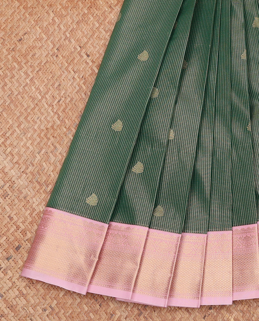 Green Budget Silk Saree, Gleamed Up with Zari Buttas and Checks, Complemented by Contrast Traditional Zari Border, Jaal Pallu, and a Contrast Blouse