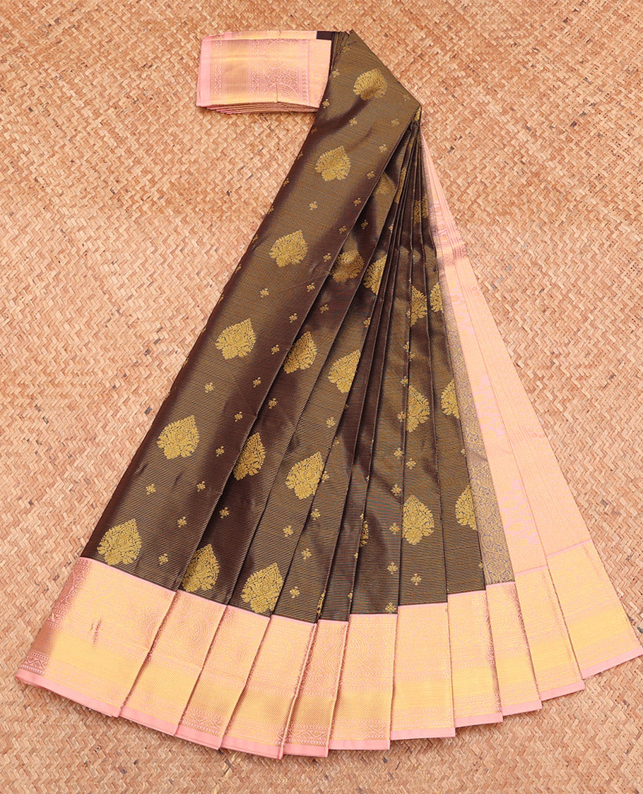 Brown Budget Silk Saree, Gleamed Up with Zari Buttas, Complemented by a Contrast Traditional Zari Border, Grand Pallu, and a Contrast Blouse