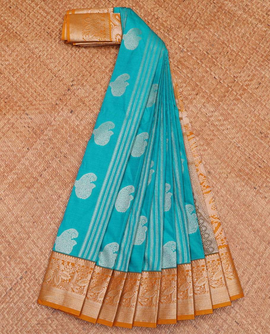 Blue Budget Silk Saree Elevated with Paisley Buttas and Stripes All Over Its Body, Complemented by a Contrast Traditional Border of Floral Designs, Gracefully Embellished Pallu of Paisleys, and Paired with a Contrast Blouse