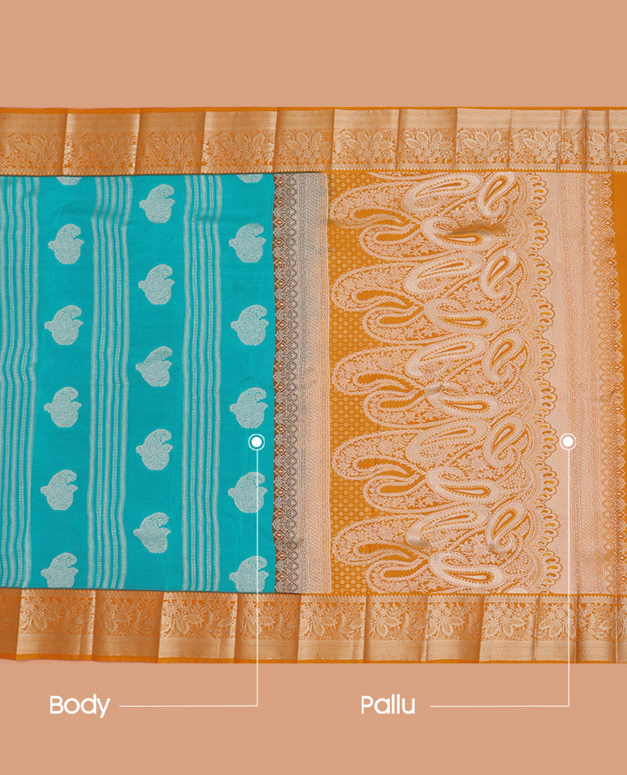 Blue Budget Silk Saree Elevated with Paisley Buttas and Stripes All Over Its Body, Complemented by a Contrast Traditional Border of Floral Designs, Gracefully Embellished Pallu of Paisleys, and Paired with a Contrast Blouse