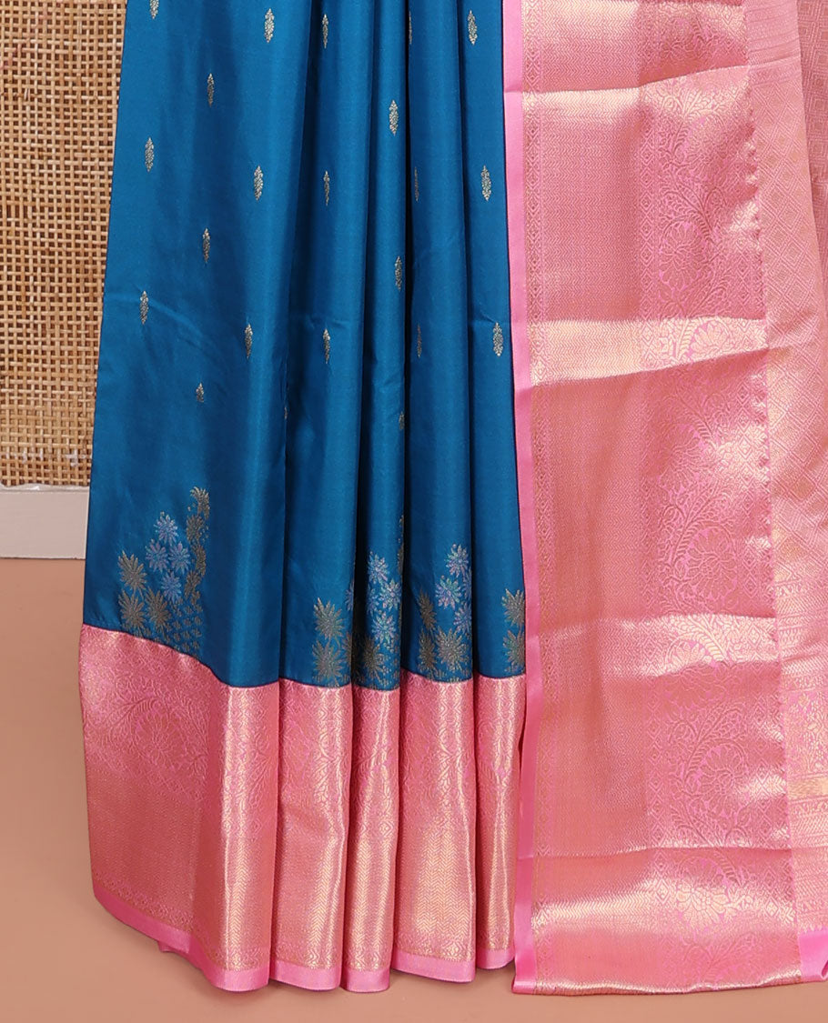 Blue Budget Silk Saree, Majestically Detailed with Zari Buttas on Its Body, Complemented by a Contrast Traditional Zari Design Border, Pallu Features Jaal Designs, and Paired with a Contrast Blouse