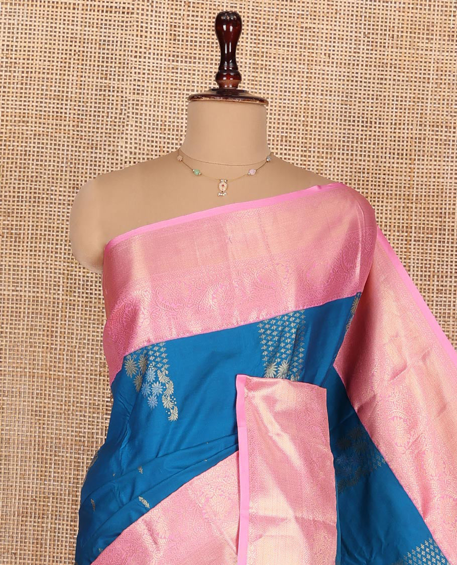 Blue Budget Silk Saree, Majestically Detailed with Zari Buttas on Its Body, Complemented by a Contrast Traditional Zari Design Border, Pallu Features Jaal Designs, and Paired with a Contrast Blouse