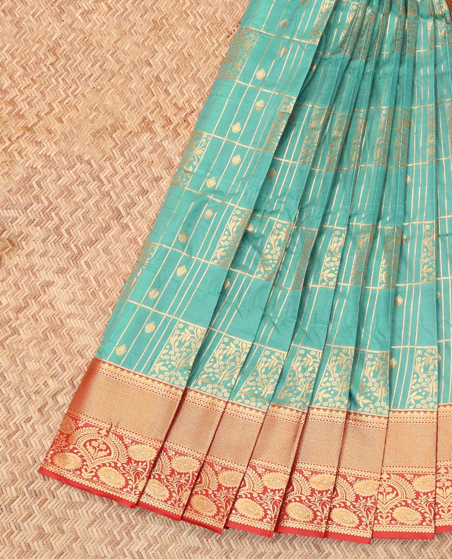 Blue Budget Silk Saree, Bedecked with Jacquard Design, Complemented by Contrast Traditional Zari Border, a Grand Jaal Pallu and a Contrast Blouse