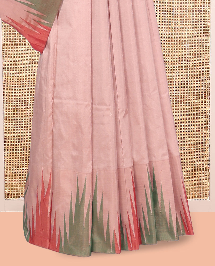Pale Pink Plain Bangalore Silk Saree, Complemented by a Contrast Temple Border, Striped Pallu, and Contrast Blouse