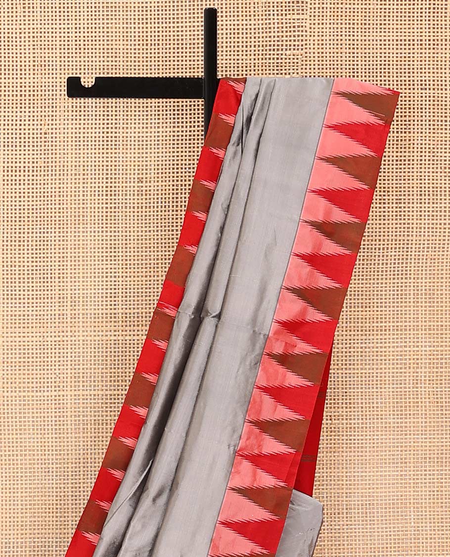 Grey plain Bangalore silk saree, contrast temple border, and striped pallu