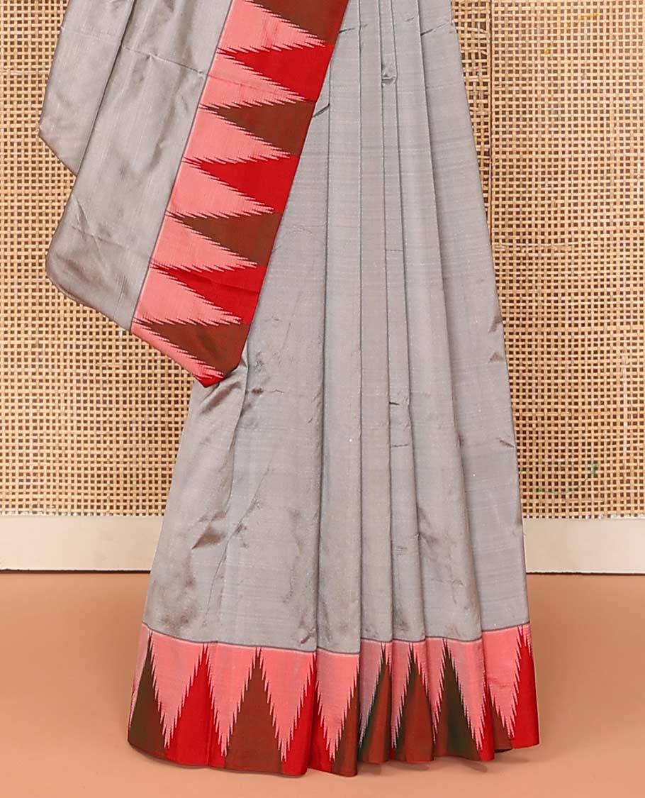 Grey plain Bangalore silk saree, contrast temple border, and striped pallu