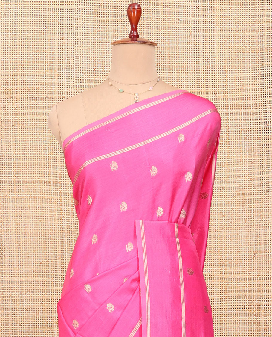 Pink Satin Silk Saree, Spotlighted with Zari Buttas All Over Its Body, Highlighted by Rettai Pettu Border, Complemented by a Contrast Intricately Designed Pallu, and Paired with a Contrast Blouse