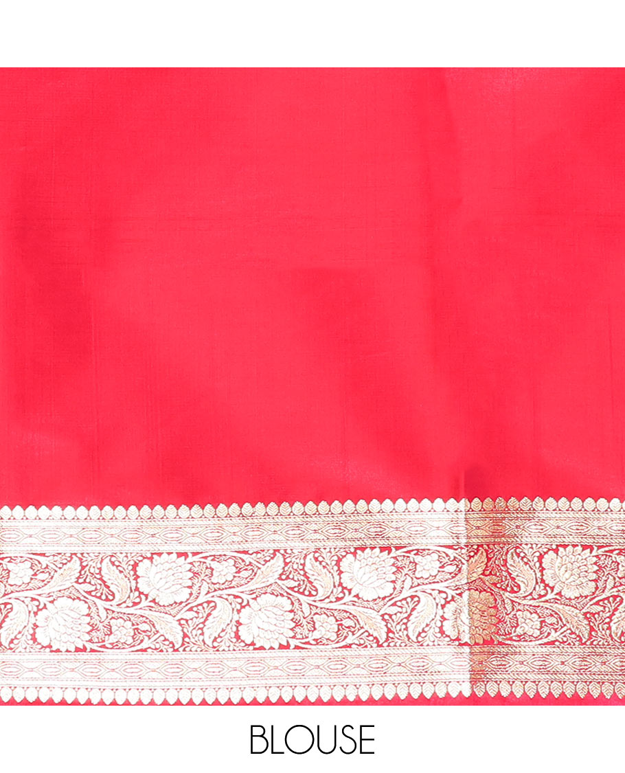 Red floral jaal jacquard banarasi silk saree, floral creeper design border, and intricate ogee patterned pallu