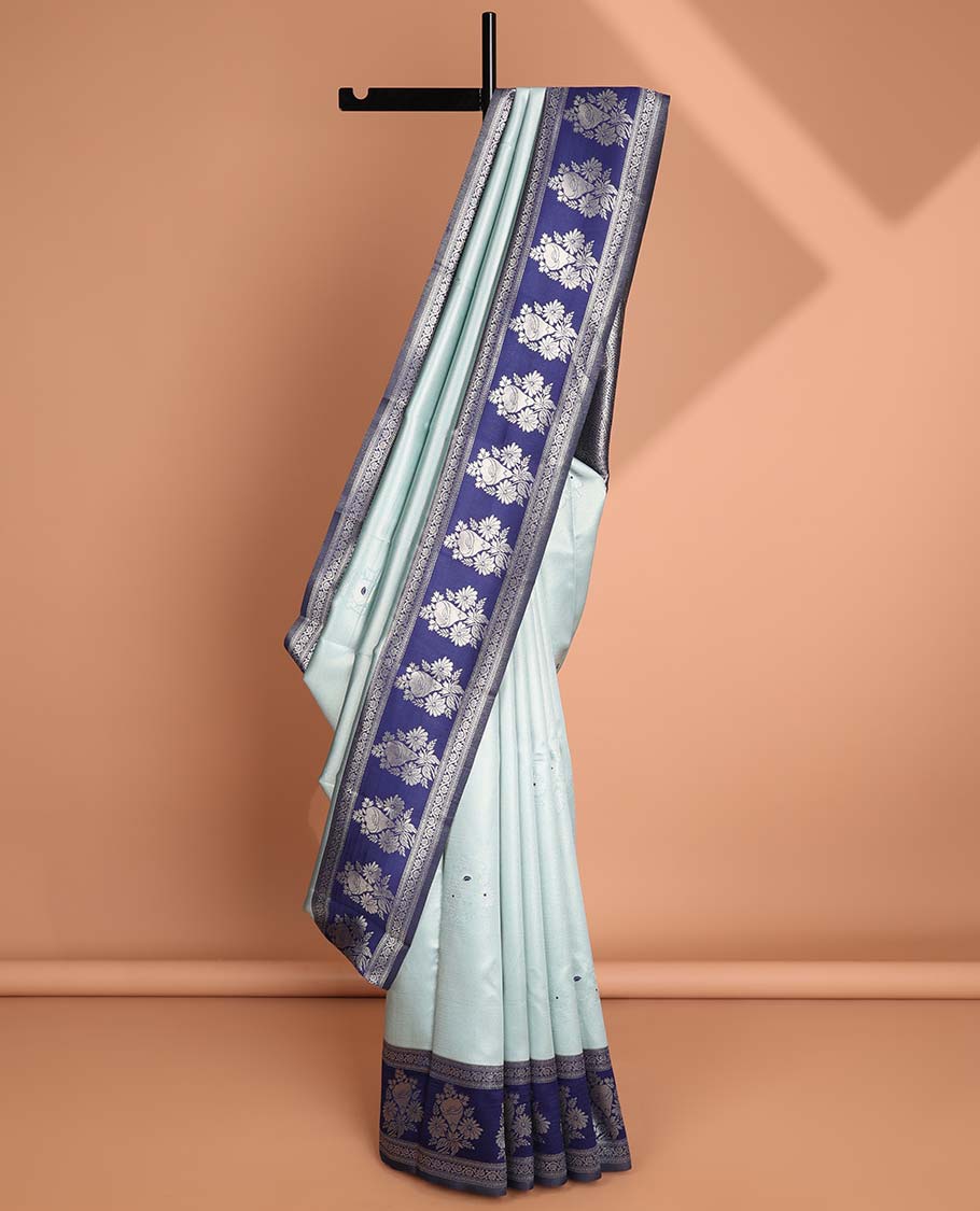 Grey floral litchi silk saree with contrast floral zari design border & jaal design pallu