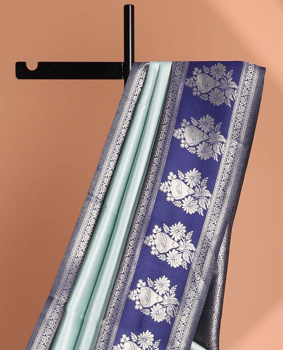 Grey floral litchi silk saree with contrast floral zari design border & jaal design pallu