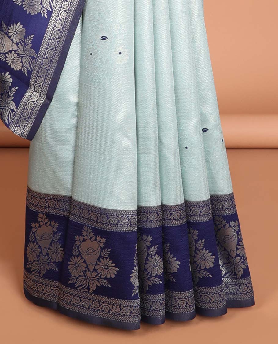 Grey floral litchi silk saree with contrast floral zari design border & jaal design pallu
