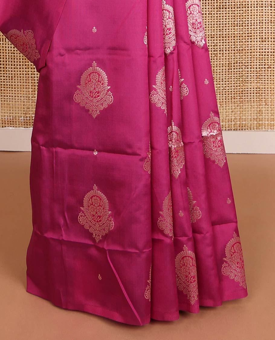 Borderless pink zari buttas butter silk saree, contrast rose floral design weave pallu
