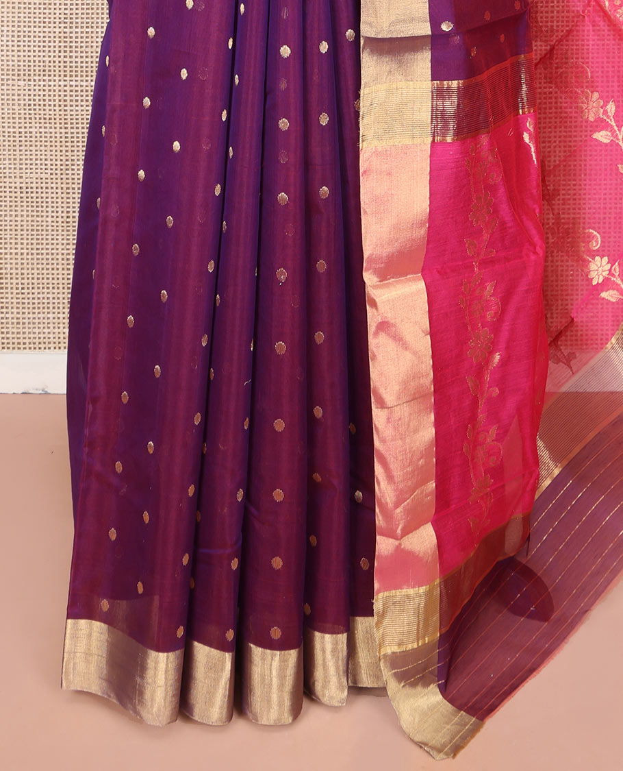 Purple Chanderi Cotton Saree, Decked Up with Buttas All Over Its Body, Highlighted by Zari Border, Pallu of Floral Creeper Designs, and Paired with a Contrast Blouse