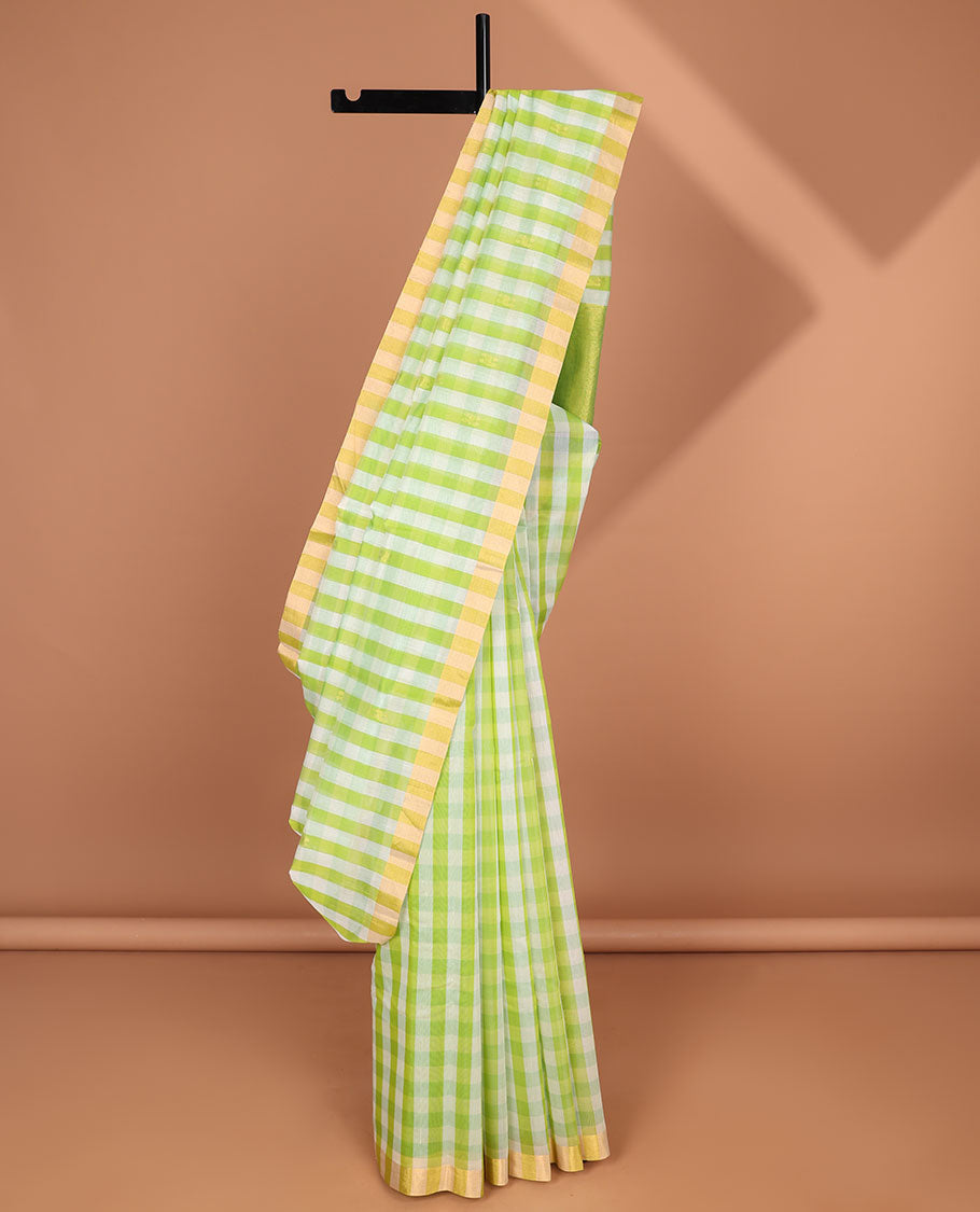 Multi-color checked design chanderi cotton saree with contrast striped border & intricate zari design pallu