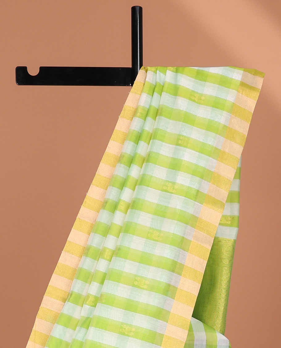 Multi-color checked design chanderi cotton saree with contrast striped border & intricate zari design pallu