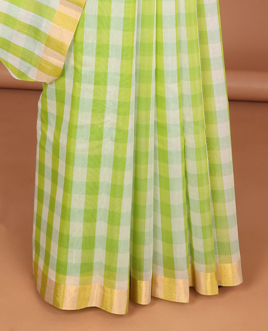 Multi-color checked design chanderi cotton saree with contrast striped border & intricate zari design pallu