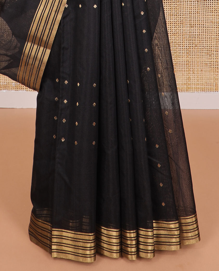 Black motifs chanderi cotton saree with self zari design border & striped, motifs pallu