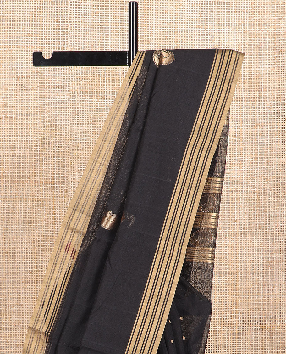 Black motifs chanderi cotton saree with self zari design border & striped, motifs pallu