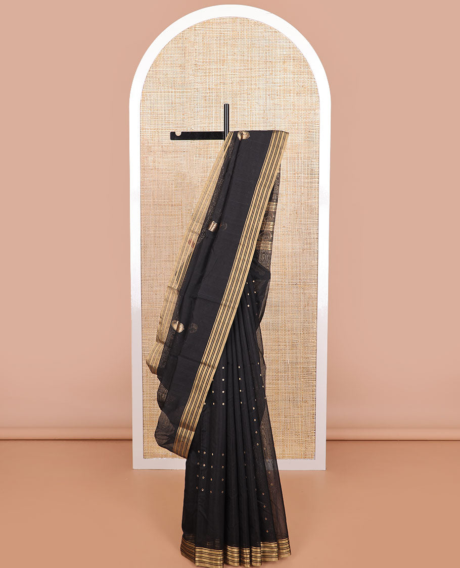 Black motifs chanderi cotton saree with self zari design border & striped, motifs pallu