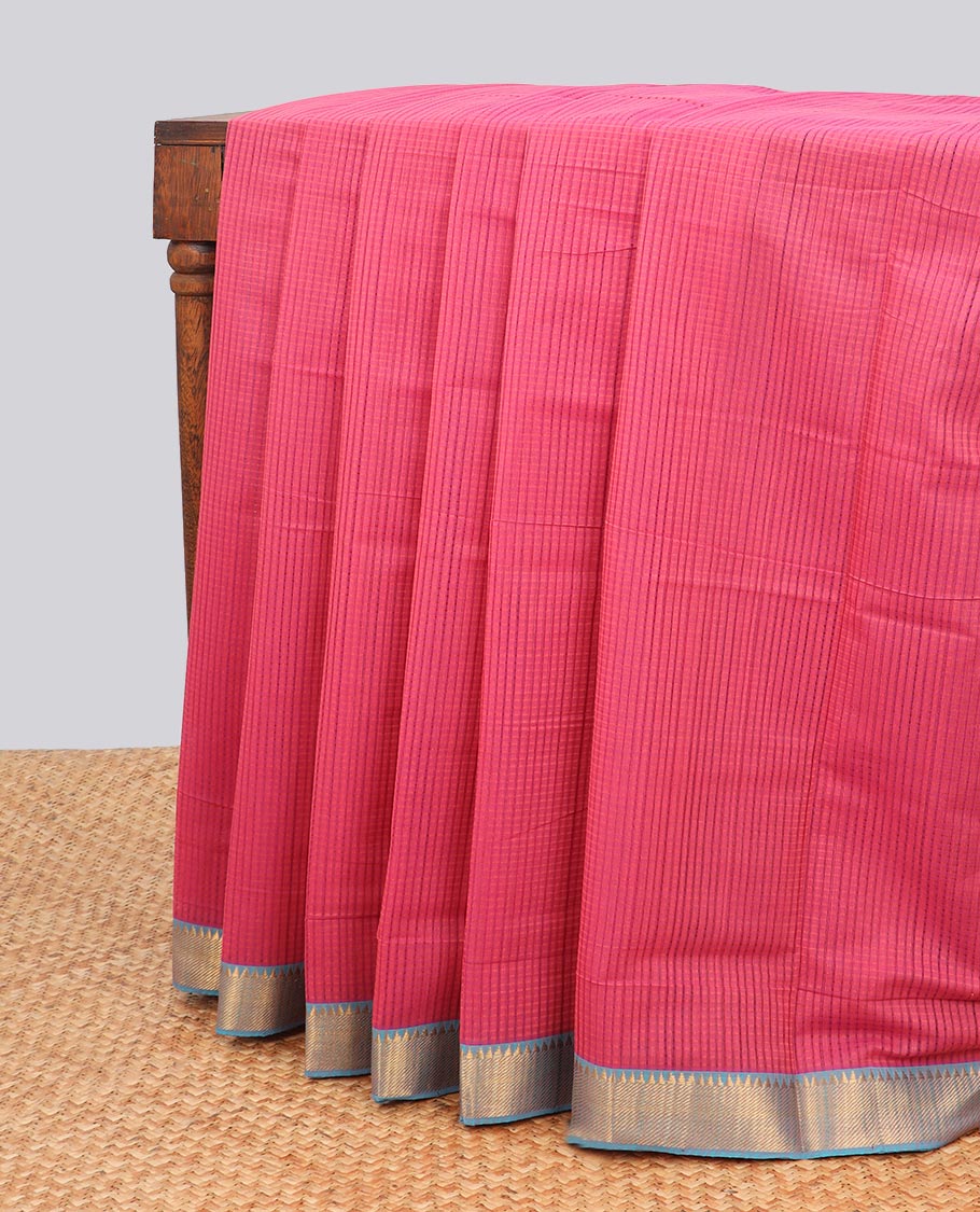Red checked mangalagiri cotton saree with contrast striped, temple border & striped pallu