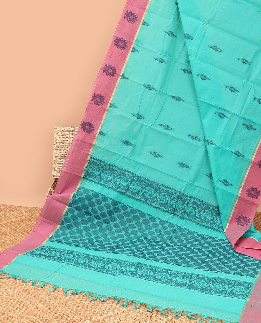 Sea green floral motifs kanchi cotton saree with contrast floral design border & geometric design pallu