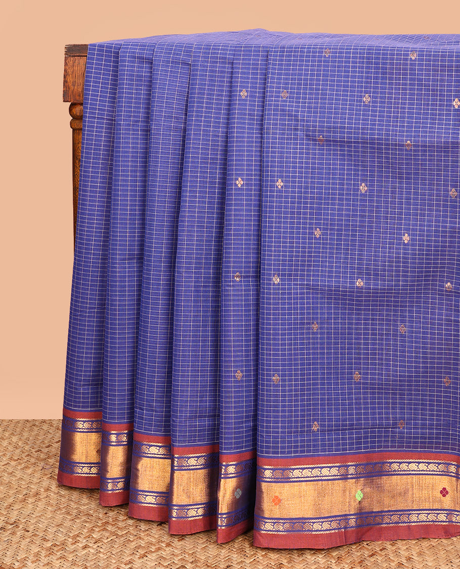 Blue Venkatagiri Cotton Saree, Crafted with Buttas and Checks on Its Body, Complemented by a Contrast Thread and Zari Border, Zari Striped Pallu, and Comes Without a Blouse