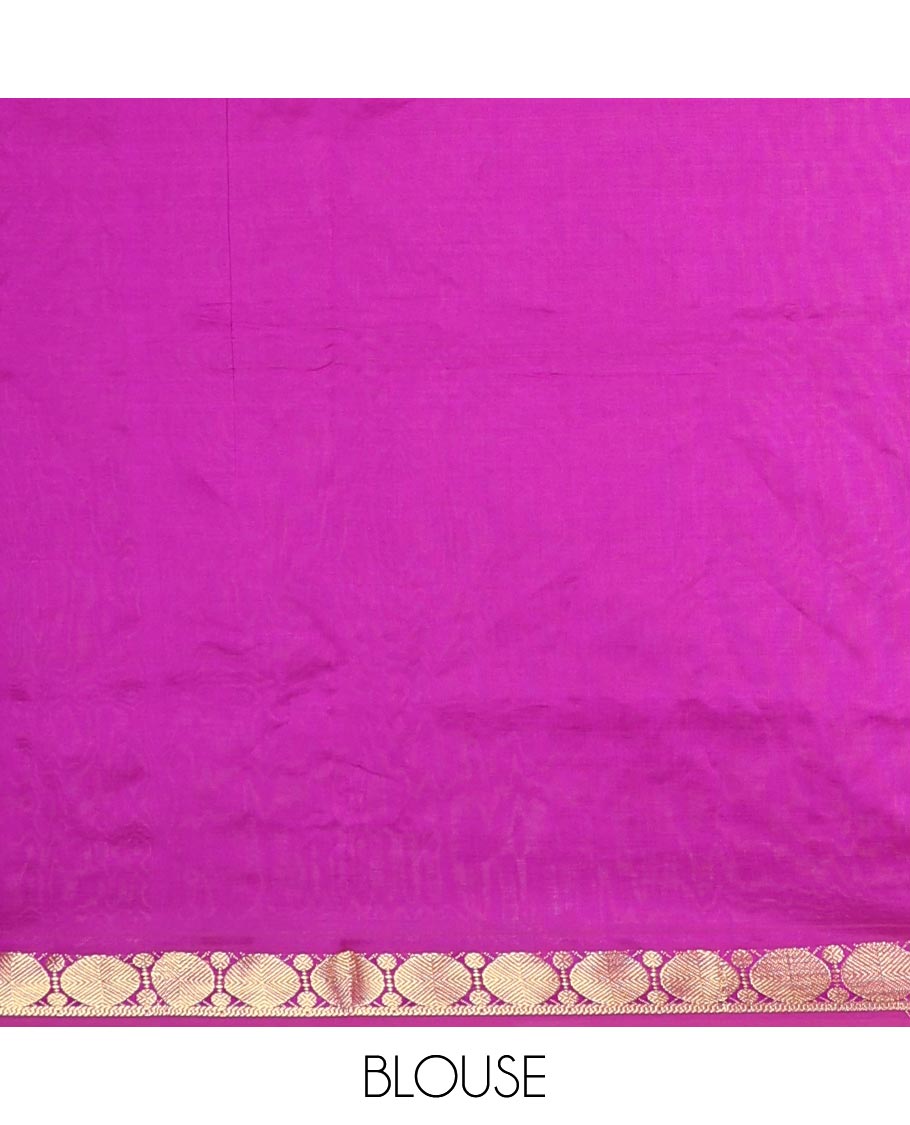 Green Plain Poly Cotton Saree, Complemented by a Contrast Rudraksham Zari Border, Pallu of Stripes, and Paired with a Contrast Blouse