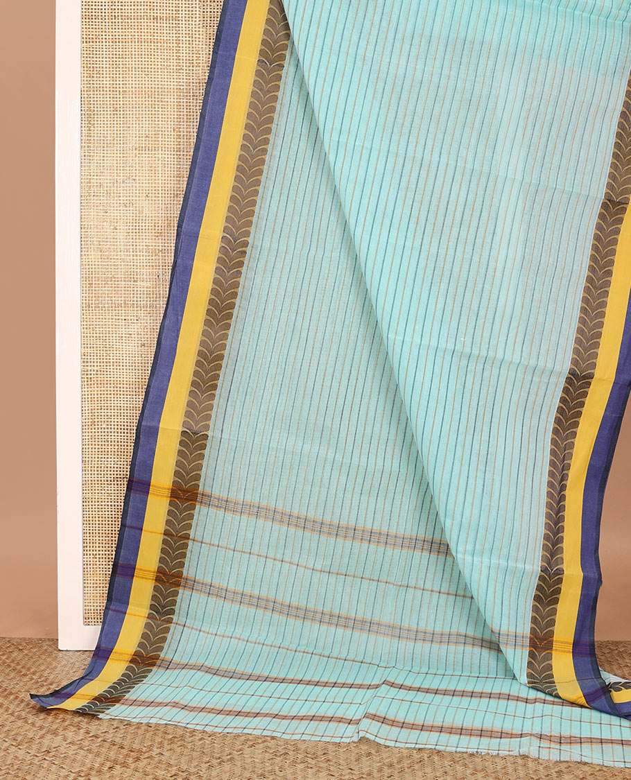 Blue striped Bengal cotton saree, contrast border of leaf chevron designs, and striped pallu