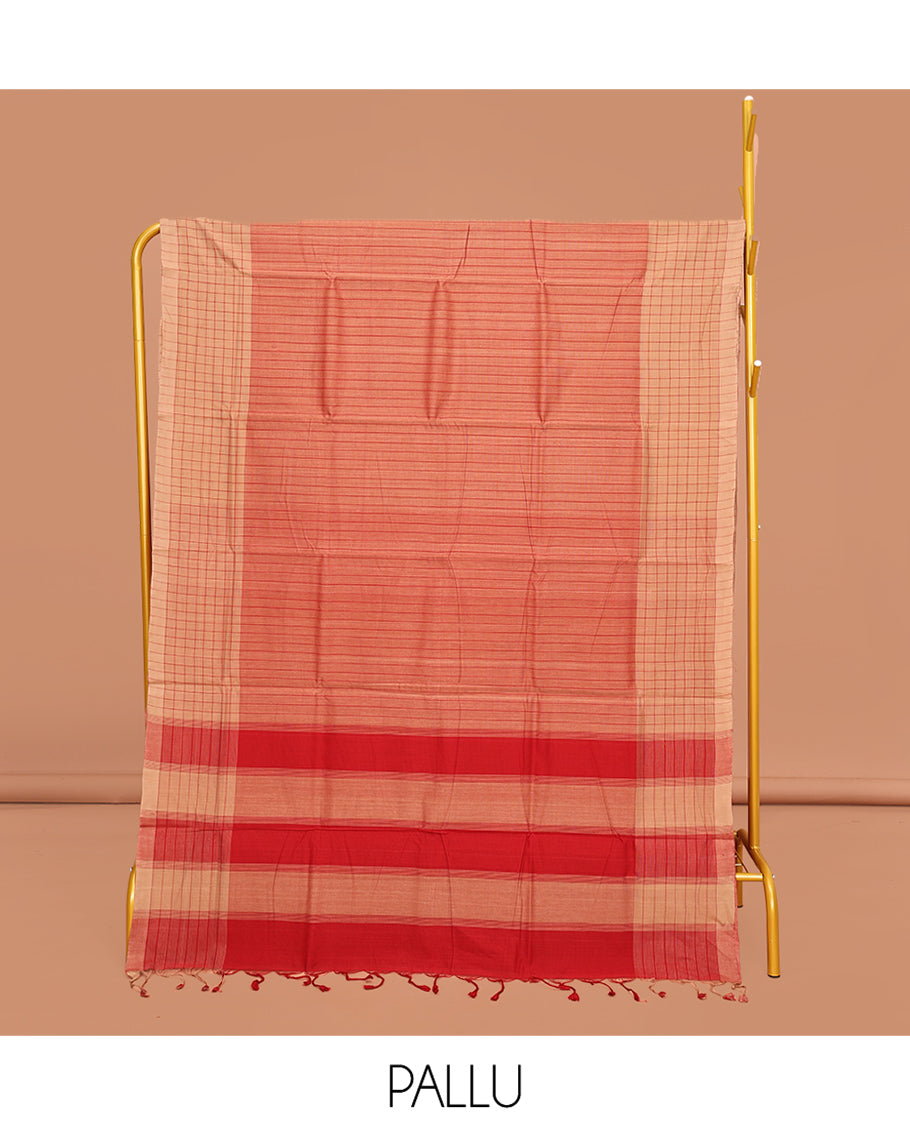 Light Orange Striped Mangalgiri Cotton Saree, Complemented by Contrast Checked Border, Contrast Pallu and Paired with a Contrast Blouse