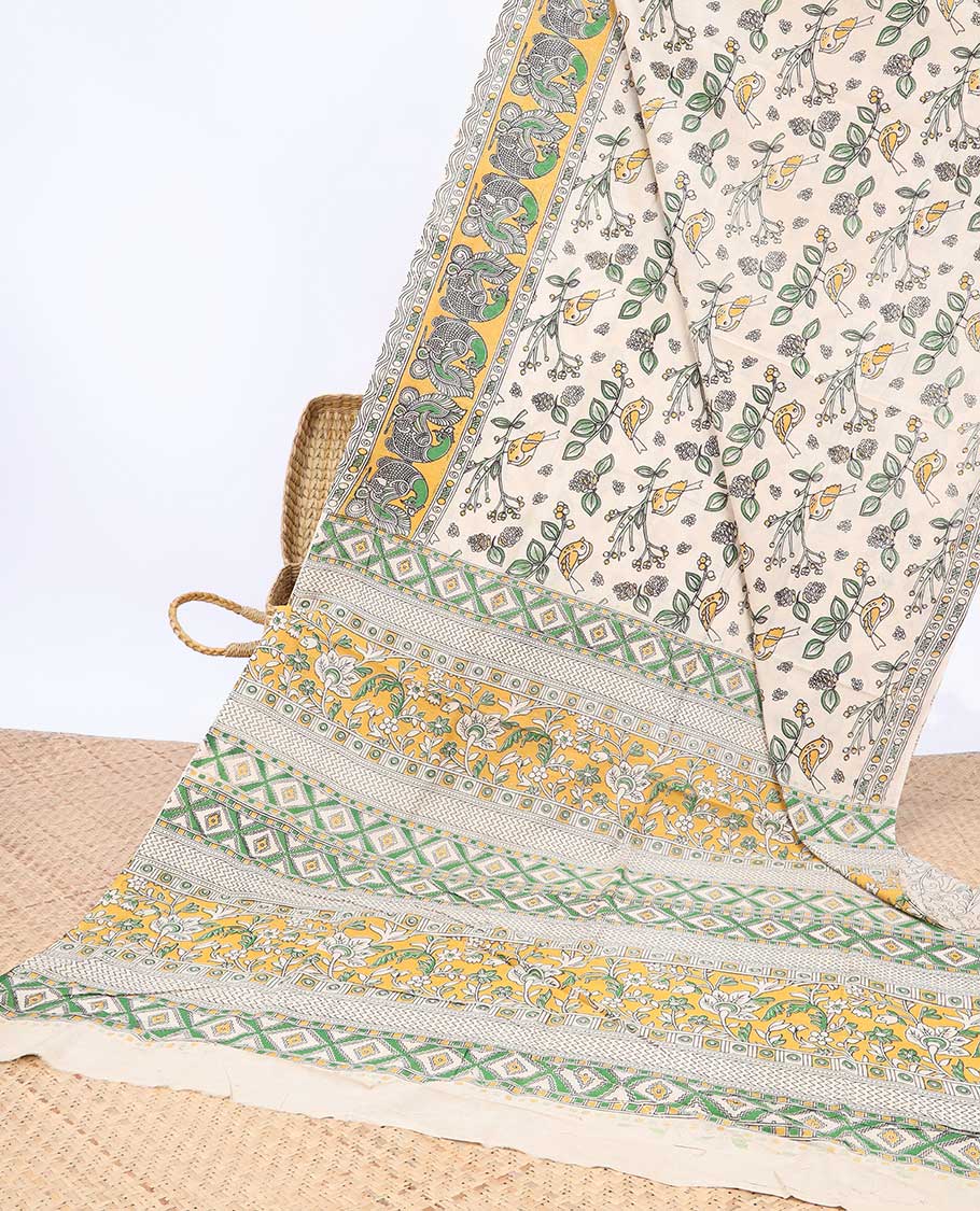 Cream bird motifs machine-printed kalamkari cotton saree, contrast peacock border & pallu of intricate print