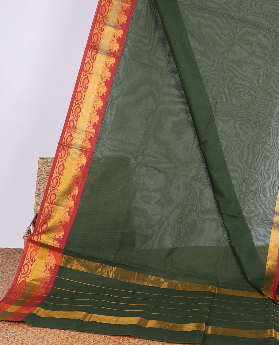 Dark green venkatagiri cotton saree with self zari design border & striped pallu