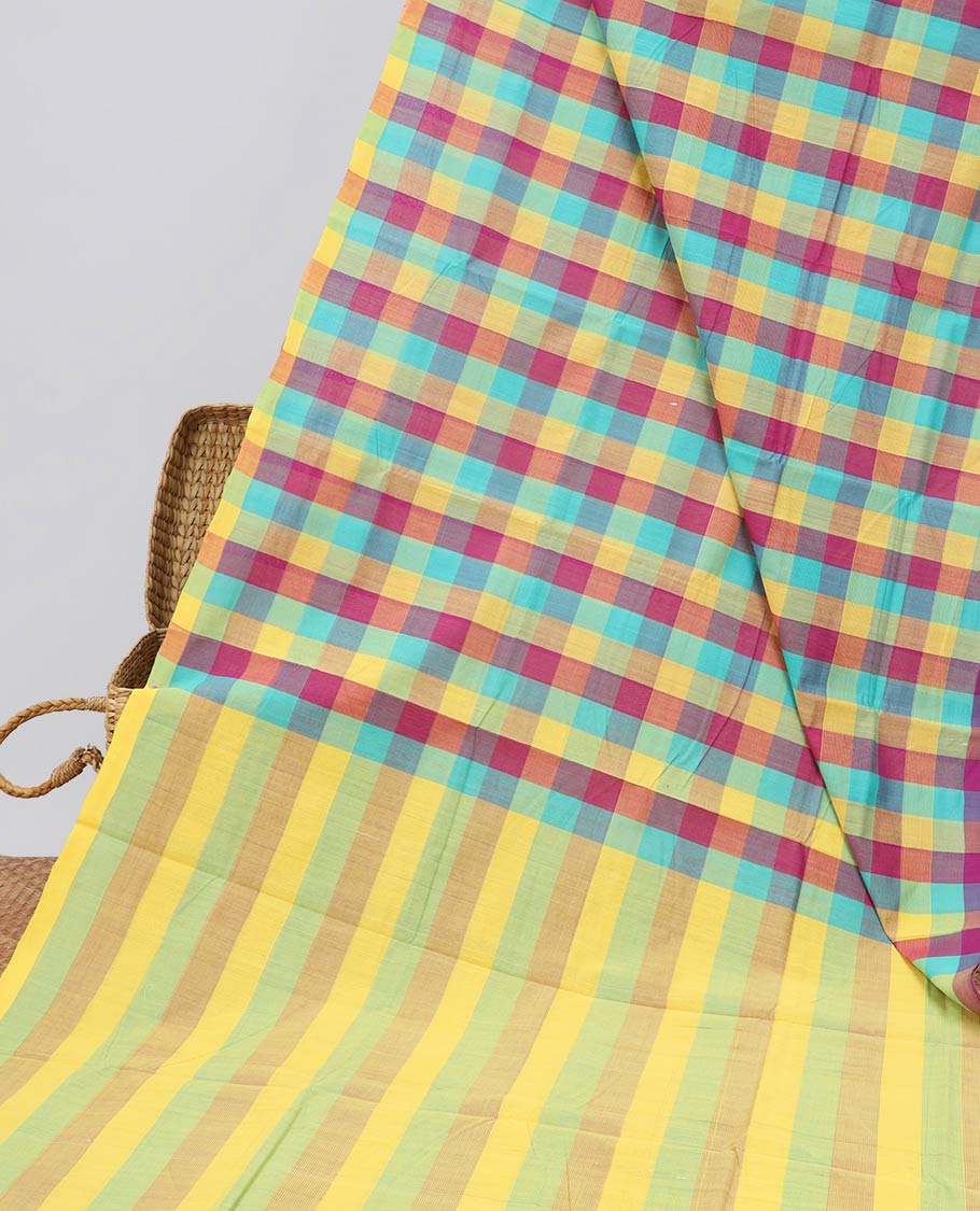 Multi-colored checked mangalagiri cotton saree with contrast border & striped pallu