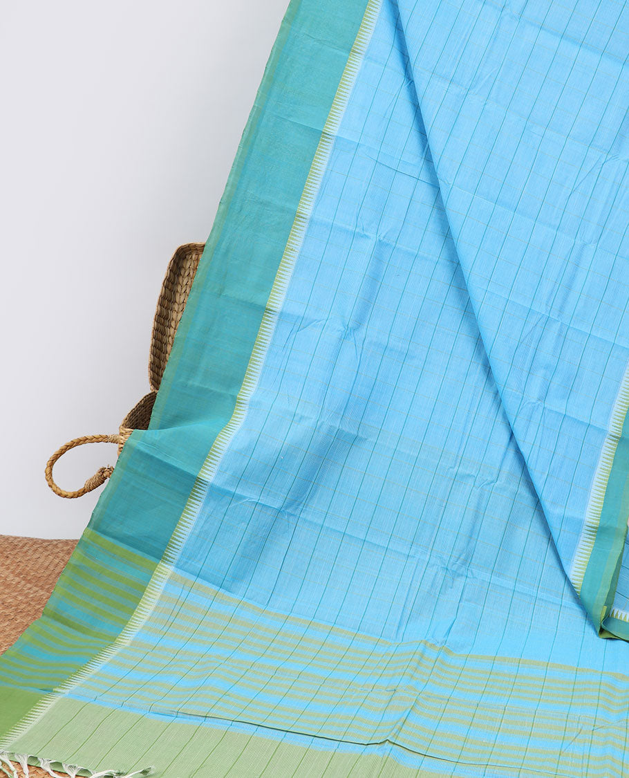 Blue checked khadi cotton saree with contrast temple border & checked pallu