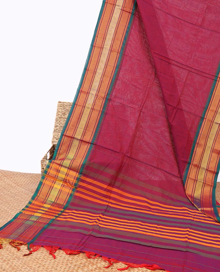 Red narayanapet cotton saree with contrast checked design border & striped pallu