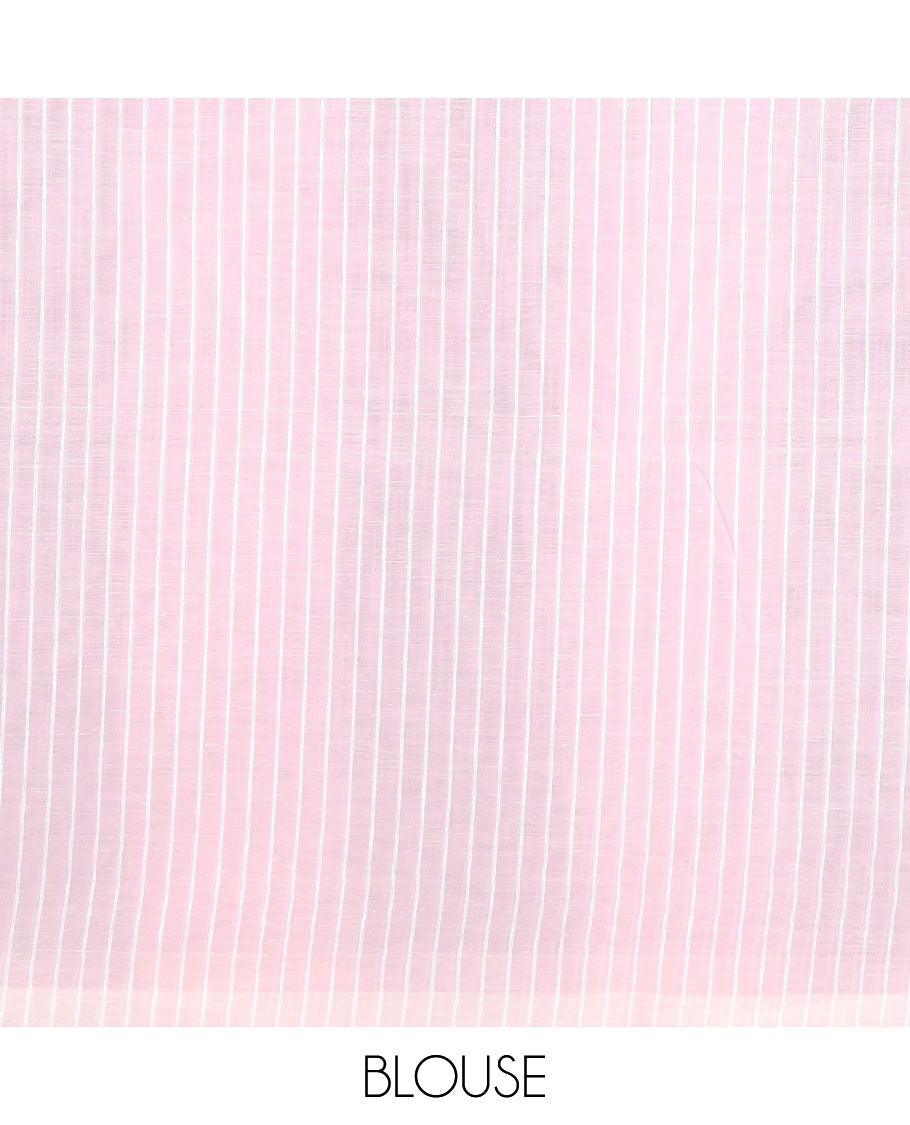 Borderless grey and baby pink striped jute cotton saree, striped pallu