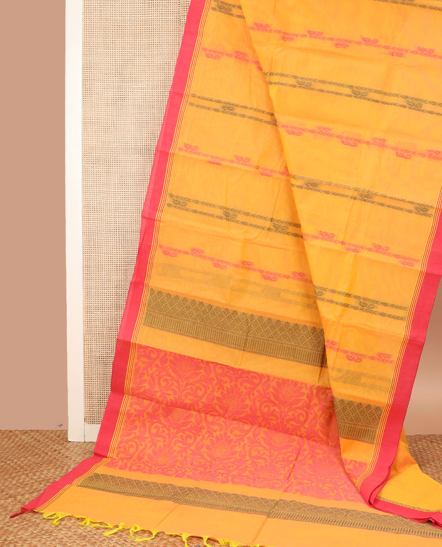 Mango yellow thread buttas Kanchi cotton saree, contrast border and pallu of floral designs