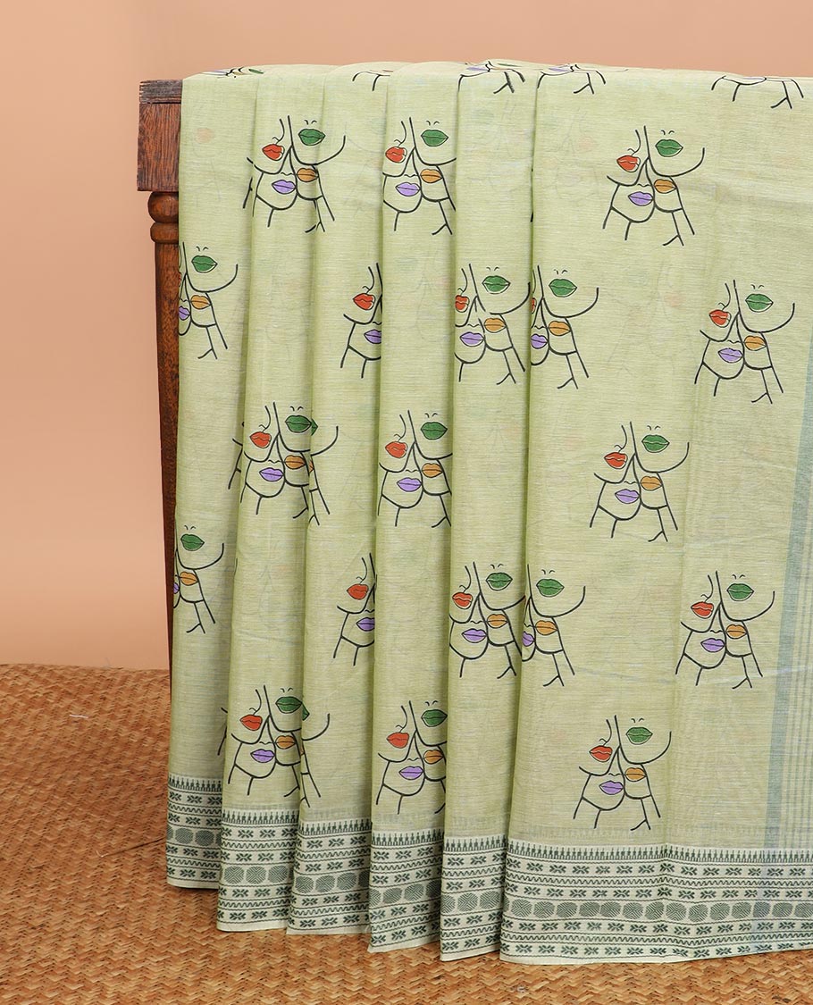 Green human figurines printed Chirala cotton saree, thread border, and pallu of warli circle print