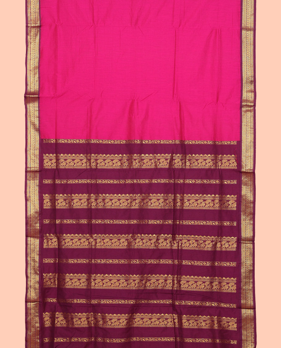 Pink Plain Nine Yard Cotton Saree, Complemented by Contrast Traditional Zari Design Border, Pallu of Traditional Designs, and Comes Without a Blouse