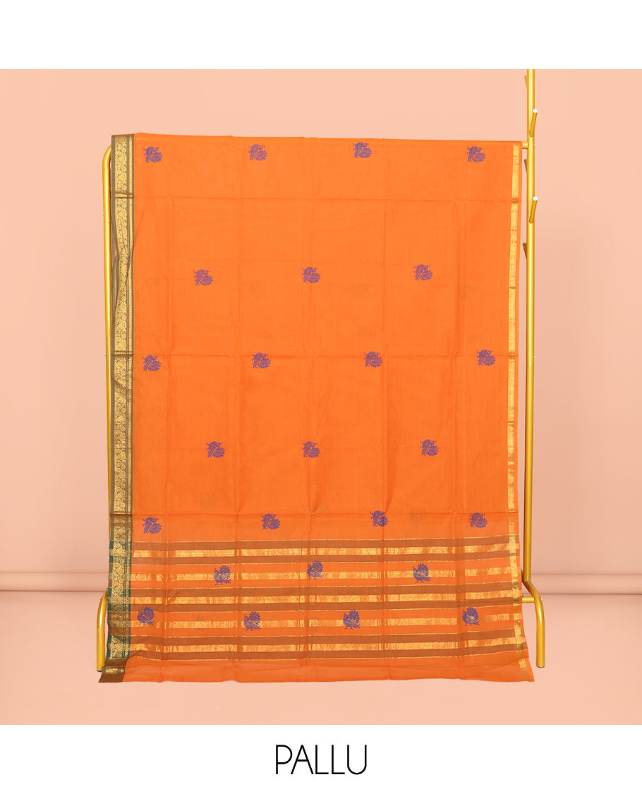 Orange Venkatagiri Cotton Saree Features Peacock Buttas, a Contrast Zari Border, Pallu of Peacock Buttas and Stripes, and No Blouse