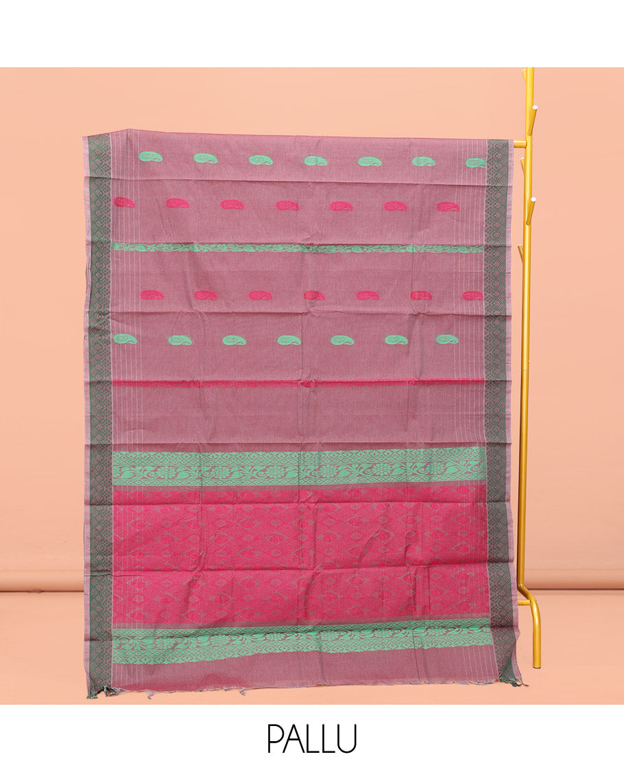 Rosewood Pink Kanchi Cotton Saree, Adorned with Thread Paisley Buttas All Over Its Body, a Subtle Self-Border, Pallu of Intricate Designs, and Paired with a Matching Blouse