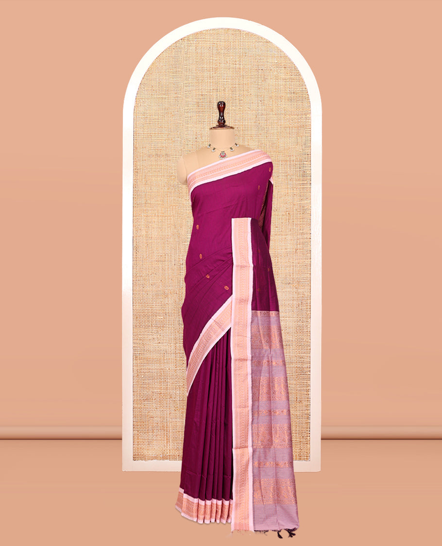 Purple Kalyani Cotton Saree, Woven with Buttas, Complemented by a Contrast Traditional Border, Traditional Pallu, and a Contrast Blouse