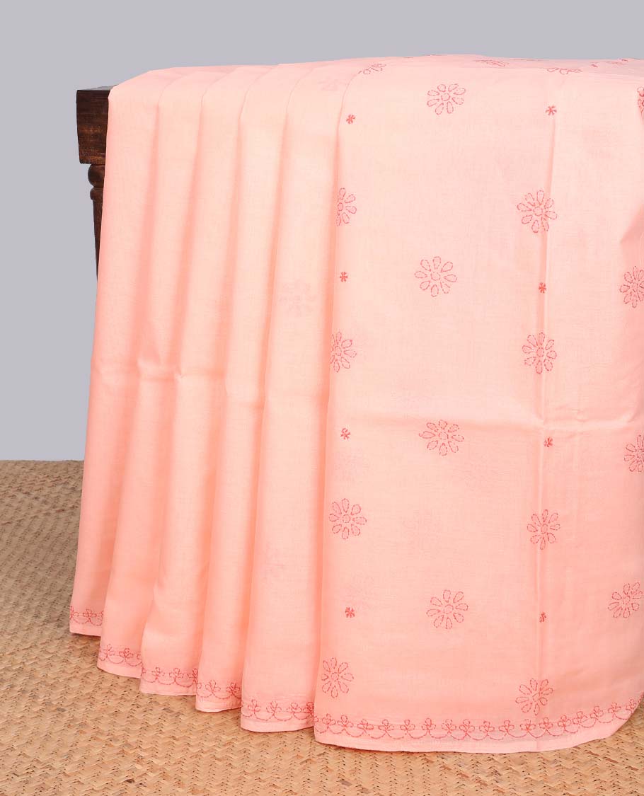 Orange floral embroidery lucknowi chikankari cotton saree,self scallop design border & pallu of floral embroidery