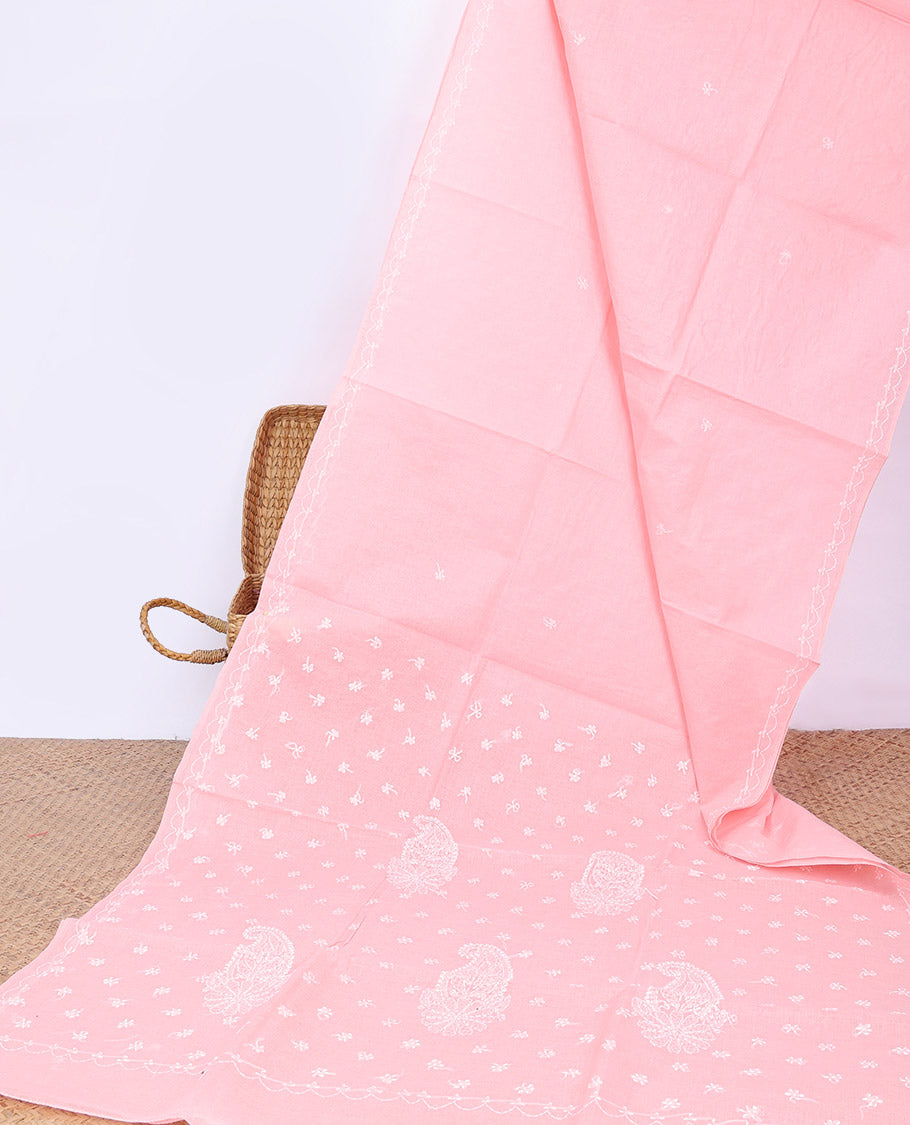 Pink floral embroidery lucknowi chikankari cotton saree,self-border & pallu of floral & paisley embroidery
