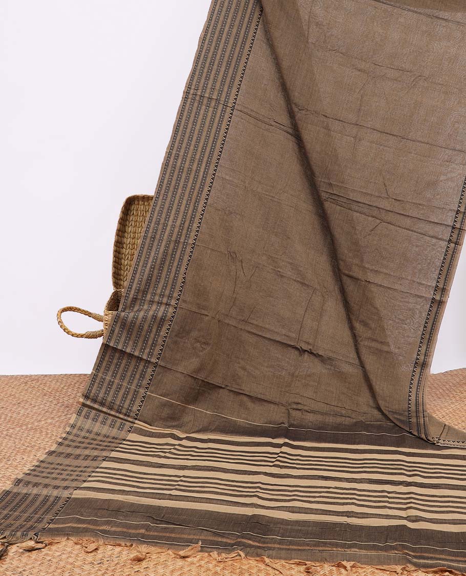 Brown narayanapet cotton saree with self zari border & pallu of stripes