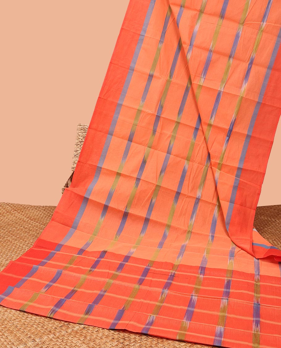 Orange allover striped chirla cottton saree with self plain border