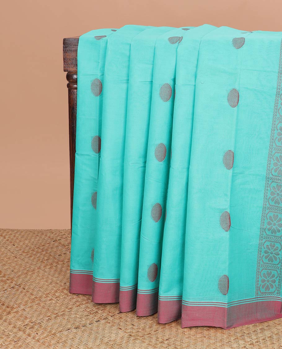 Blue motifs kanchi cotton saree with contrast border & argyle design pallu