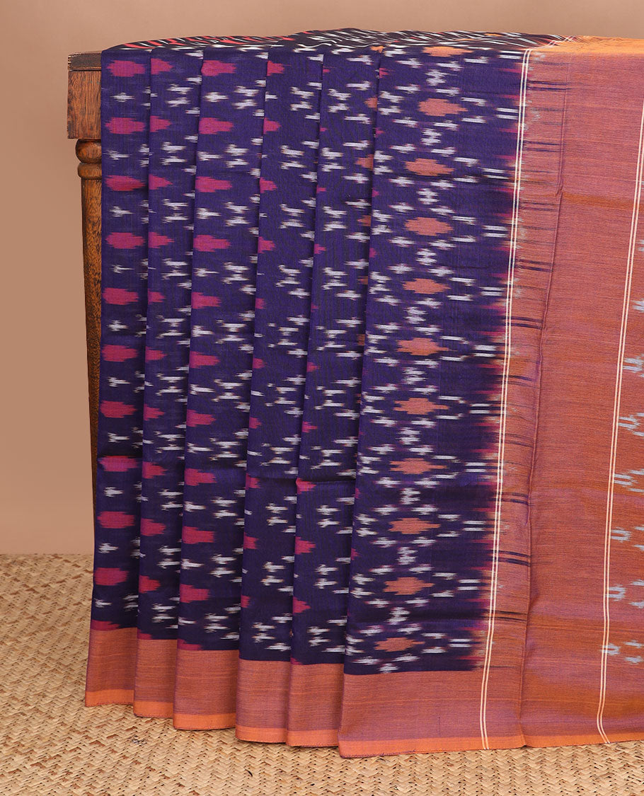 Blue unique-patterned ikkat cotton saree, contrast plain border & pallu of ikkat design