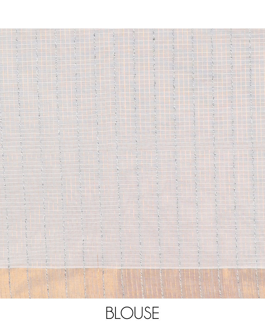 Grey striped jute cotton saree, gleaming zari border & striped pallu
