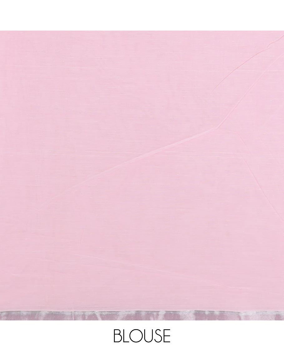 Pastel pink plain design jute cotton saree, zari piping border, and striped pallu
