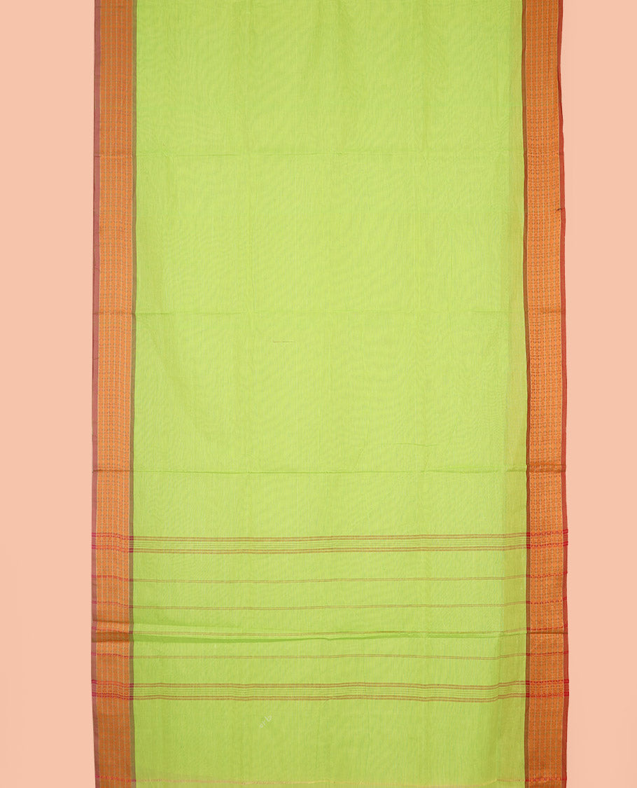 Parrot green plain nine-yard cotton saree, contrast rudraksham and kamalam border, and striped pallu